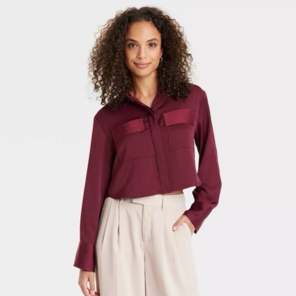 A New Day Maroon Button-Up Cropped Shirt